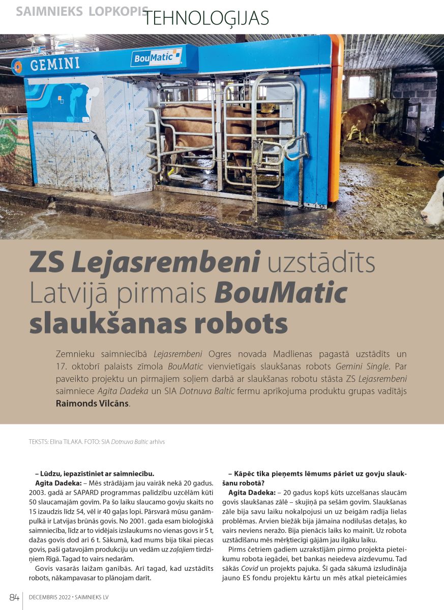 Uzstādīts pirmais Latvijā BouMatic slaukšanas robots